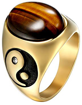 JewelryWe Yin Yang Ring Herren: Retro Herren-Ring Edelstahl Solitaire Tigerauge Stein Biker Tai Chi Yin und Yang Siegelring Punk Band Bandringe mit Gravur Gold Größe 57