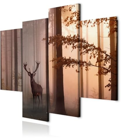 decomonkey Wandbilder Set Hirsch 126x98 cm 4 Teilig Leinwandbilder Wanddeko | Strukturleinwand, Holzkeilrahmen, Bild auf Leinwand, Kunstdruck, Wohnzimmer, Wanddekoration, Wald, Natur, Tiere