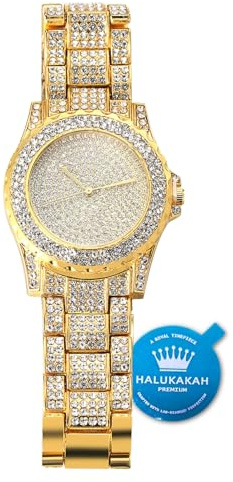 Halukakah Diamant Vergoldete Uhr,Herren 18 Karat Echt Vergoldet/Platin Weißgold Plattiert Quarzarmband 22cm,mit Kubanischer Kette 20cm Armband + 45cm Halskette,Labordiamants,KOSTENLOSE Geschenkbox
