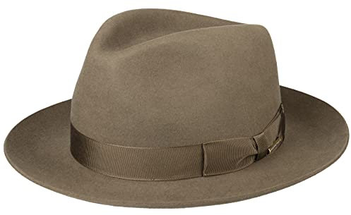 Stetson Sombrero Bogart Penn Mujer/Hombre - Made in The EU de Fieltro Pelo con ala hacia Arriba Forro, Banda Grosgrain Verano/Invierno Primavera Verano Otoño Invierno - 55 cm Caqui