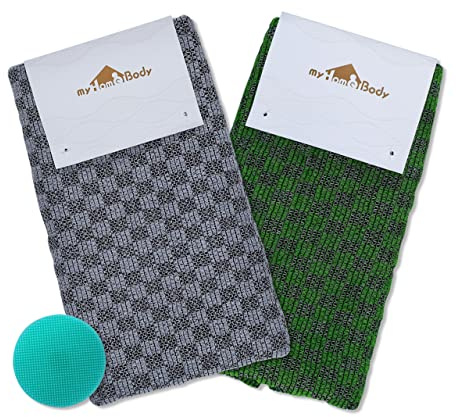 myHomeBody Extra langer Peeling-Waschlappen, Peeling-Körperschrubber, Peeling-Handtuch, japanischer Waschlappen, 3D-Textur, Graphitgrau und Waldgrün, Karo, 2er-Set mit Silikon-Gesichtsbürste