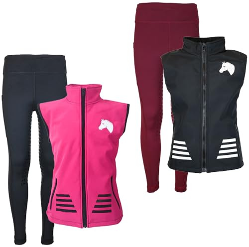 MS-Trachten Set da equitazione per bambini, in softshell, luglio, nero, con legging rosina bordeaux, Nero , 134-140 cm