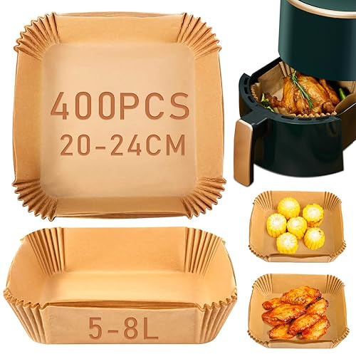 Backpapier für Heißluftfritteuse, 400 Stück Backpapier Airfryer Antihaft-Einweg Pergamentpapier Quadrat, Ölfest, Wasserdicht für Heißluftfritteuse, Mikrowelle, Dampfgarer 20-24cm