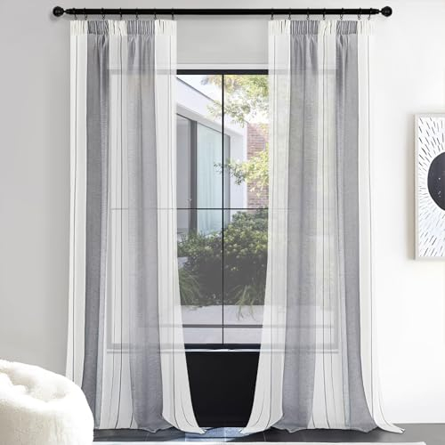 MRTREESTende Moderne per il Soggiorno: Trasforma il Tuo Spazio con Stile, 140X260cm, tenda moderne grigio,trasparente 2 pezzi, Strisce larghe verticali