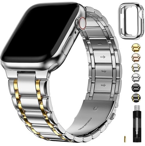 Fullmosa Bracelet Compatible avec Apple Watch 40mm 41mm 38mm Bracelet de remplacement en acier inoxy avec étui protection en TPU pour iWatch SE 3/2/1 Série 9/8/7/6/5/4/3/2/1,Argent et Or
