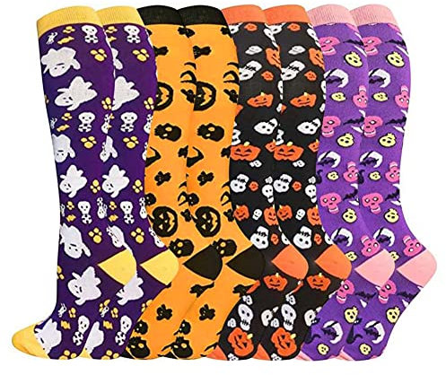 Valcatch Halloween Kompressionsstrümpfe für Frauen Männer 20-30MmHg Beinstütze Strumpf Knie High Socken 4er Pack für Laufen, Athletisch