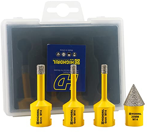 HIGHDRIL Set di 4 punte diamantate (6/6/8 mm + 20 mm) per sega a tazza diamantata per ceramica, porcellana, piastrelle, granito, marmo, mattoni, dekton, con filettatura M14