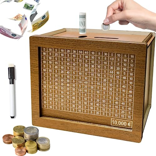 10000€ Spardose Holz, Spardose mit Zielzahlen, Spardose mit Sparziel, Sparbox Sparbüchse mit Zähler Geschenke für Kinder und Erwachsene 20x14.5x7.6cm (mit Löschbarem Stift)