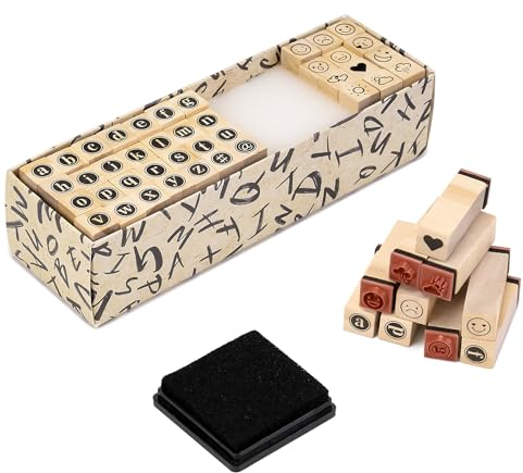 Toptime Buchstaben Stempel - 40 Stück Kleinbuchstaben und Emoticons Mit Stempelkissen, Schwarzer Kreis Design Holzstempel, Alphabet für Scrapbooking, Crafting, Kartenherstellung