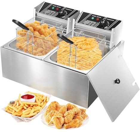 Friggitrice Grande Friggitrice Elettrica con 2 Cestelli E 2 Coperchi Friggitrice da Piano con Sistema di Controllo della Temperatura Costante per Ristorante E Uso Domestico