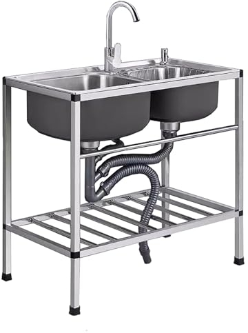 Spültisch Edelstahl 2 Becken für eine Waschküche, Küchenspüle mit Wasserhahn Freistehende Spülbecken für Waschküche, Hinterhof, Garage