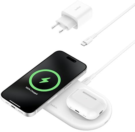 Belkin BoostCharge Pro kabellose 2-in-1-Ladestation mit magnetischem Qi2, 15W, Schnellladegerät, Wireless Charger für iPhone 17, Air, 16, Pixelsnap, AirPods und MagSafe-fähigen Geräten – Weiß