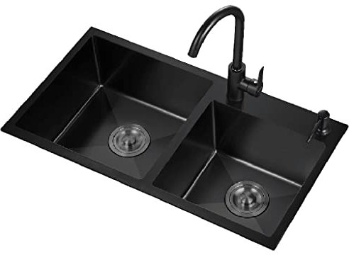 Fregadero de barra de acero inoxidable de dos senos con grifo acodado y conjunto de desagüe, montaje superior o inferior