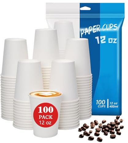 MOUMOULIFE 12OZ Disposable Paper Coffee Cups (100 Pack), Hot Coffee Paper Cups, Leak-Proof, Extra-Thick，Idea for Home, Office, Cafés | White