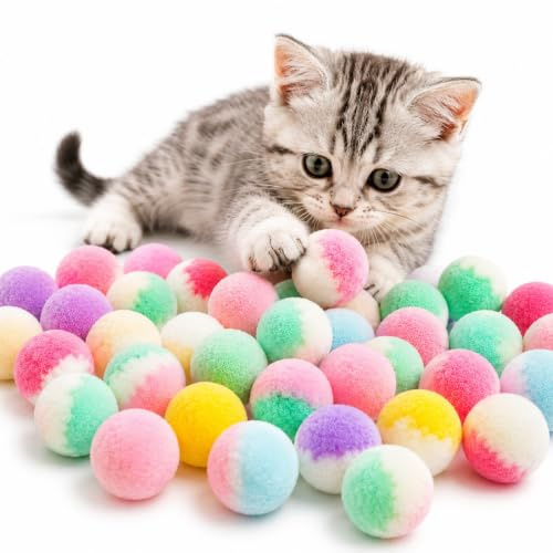 Vebetter 50 Katzenbälle, 3 cm Flauschige Pompons als Katzenspielzeug | 50er-Set · Flauschige Oberfläche · Macaron-Pastellmix · Ø 3 cm · Leichtes Wohnungsspielzeug