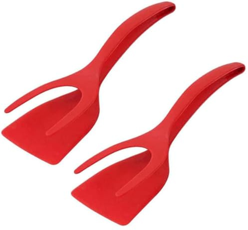 2-in-1 Grip & Flip Spatula, 2, Red | Egg Flipper Tongs, For Pancakes, Fish, French Toast & Omelettes, Non-Stick Frying Tongs, For Eggs, Steak & Grilling