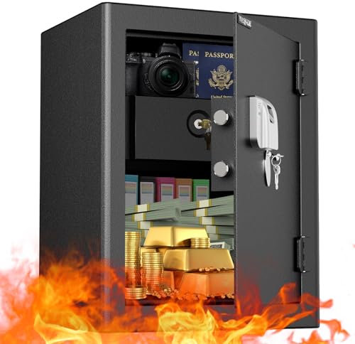 WASJOYE Fingerabdruck Tresor Feuerfester für Zuhause, Safe mit Feuerfeste Schublade, Biometrischer Möbeltresore, Tresor mit 2 Schlüssel, Büro Hotel Geld Dokument Schmuck Reisepass-50L(50 * 37 * 31cm)