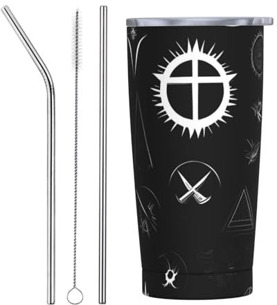 OCELIO Taza de paja con diseño de universo blanco y negro de 20 onzas con tapa, de acero inoxidable, aislada al vacío, taza de café doble, taza de viaje