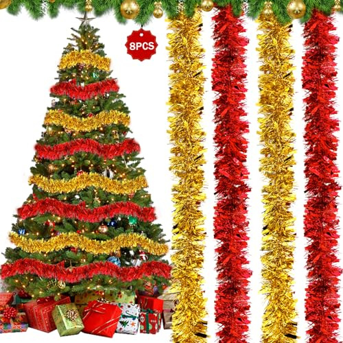Lot de 8 Guirlandes de Noël 2 m, Tinsel et Garland Métallique Scintillante pour Décoration de Fête, Sapin Intérieur et Extérieur