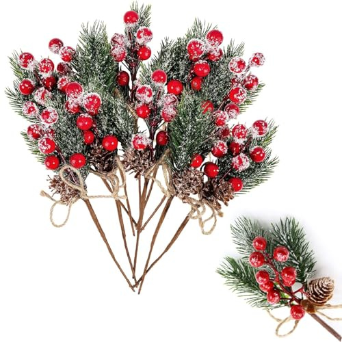 Plschckes Rote Beeren Weihnachten künstliche Tannenzweige mit Beeren 24Stück Weihnachtsbeeren Hagebutten Deko Zweige Weihnachtsdeko für DIY Weihnachtskranz Weihnachten Kunst Basteln und Weihnachtsbaum