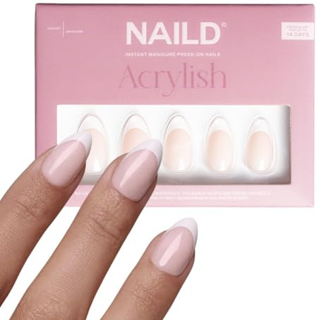 NAILD Softgel Press On Nails Almond, French White – Fingernägel zum Aufkleben in Studioqualität – Wiederverwendbare künstliche Fingernägel – inkl. Nagelkleber, Feile & Zubehör