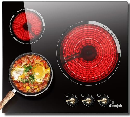 Cooksir Placa vitrocerámica 3 fuegos, integrada 60CM placa autosuficiente, con zona extendida, calentamiento por infrarrojos, protección contra sobrecalentamiento, integrada 5700W, 240V