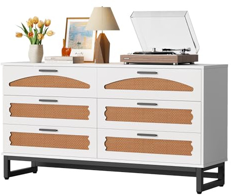 Mericonia Rattan Kommode mit 6 Schubladen, Sideboardsn mit stabilen Griffen und Beinen, Moderne Kommoden für Schlafzimmer, Wohnzimmer und Flur, weiß