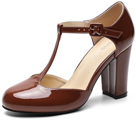 Women's T-Strap Mary Jane Pumps, Chunky Heel, Vintage Style, Cut Out, 3.54 Inch Round Toe Dress Shoes Patent Brown US 8.5