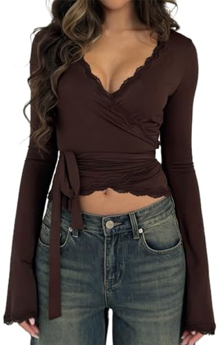 Womens Y2k Lace Sheer Mesh Crop Tops Long Sleeve Deep V Neck Cross Wrap Blouses Slim Fit Fairy Coquette T-Shirts(Dark Brown, X-Large)