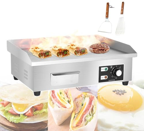 KJZQXYX Pliddle eléctrico Comercial | Placa de Parrilla Plana eléctrica con una Caja de Almacenamiento de deflectación y Aceite Elevado | Placa de Parrilla de Burger Bacon (1500W)