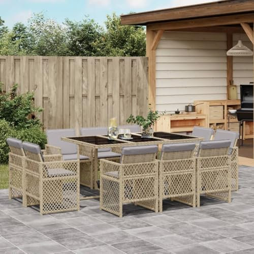 IKAYAA Polyrattan Gartenmöbel Set für 10 Personen, Garten Sitzgruppe, Rattan Essgruppe, Gartengarnitur, Sitzgarnitur, Terrassenmöbel Set, Gartentisch mit 10 Stühle & Kissen Mischung aus Beige Type-3