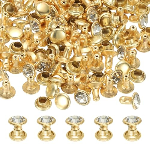 PATIKIL 6mm Leather Rivets, 70 Sets Rhinestone Rivet Studs Double Cap Spikes Rivet for Leather Crafting for Decor Repair DIY Clothing Belts Bags Shoes, Transparent Gold Tone