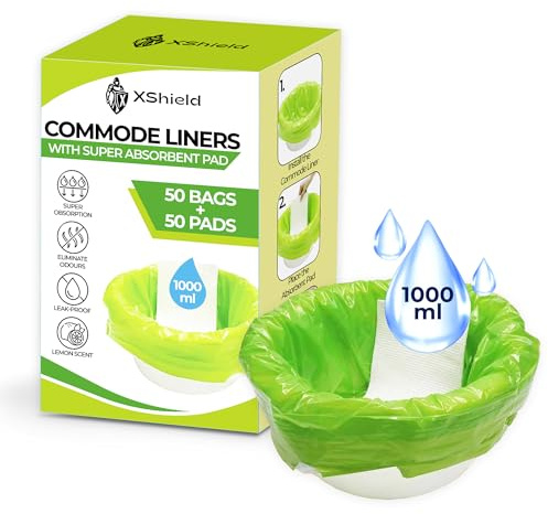 Double Dragon 50 Commode Liners with 50 Absorbent Pads | Disposable Toilet Bags for Bedside Commodes, Camping & Portable Toilets | Leak-Proof, Odor Control, Fresh Aroma, Easy Drawstring Closure