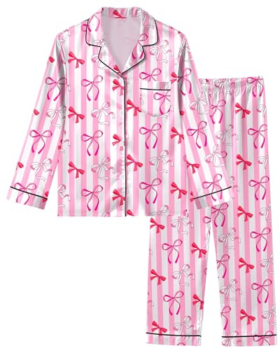 Sylfairy Girls Pajamas Silk PJS Set Pink Bow Satin Sleepwear Long Sleeve Jammies for Kids Button-Down Nightwear Loungewear Clothes 13-14 Years Pink Strip Butterfly