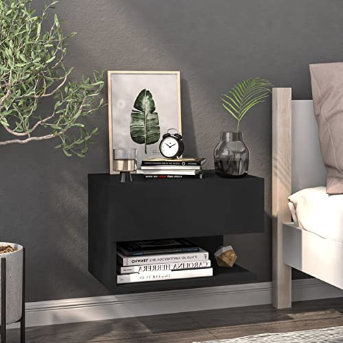 Modern Black Wall Mounted Nightstand Sleek Floating Drawer Shelf Plywood Bedside Table Stylish Bedroom Furniture Space Saving Wall Comodino for Home Decor