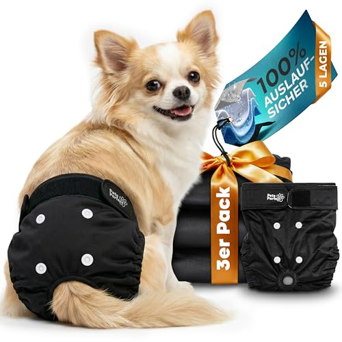 PETS PERFECT HUNDEWINDELN FÜR HÜNDINNEN – Waschbare Läufigkeitshose Hündinnen mit 5-lagigem Auslaufschutz – Verstellbare Hundewindel mit Klettverschluss, auch für Rüden geeignet – 3er Pack