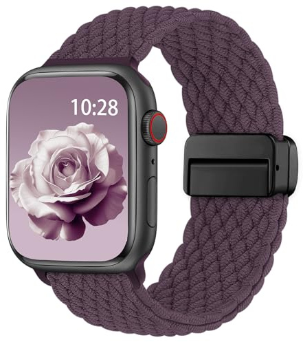 Yoohoo Braided Strap Compatible with Apple Watch Straps 38mm 40mm 41mm 42mm | Nylon Elastic Magnetic Snap Strap for iWatch Series 11 10 9 8 7 6 5 4 3 2 1 SE Ultra,Stretchy Band for Women Men,Dark Purple