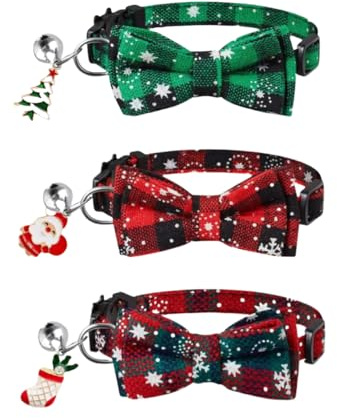 3 Stück Weihnachten Katzehalsband Verstellbar Weihnachten Schneeflocken Plaid Fliege Kragen mit Glocke Sicherheit Schnellverschluss für Xmas Kostüm von Kätzen und Hündchen