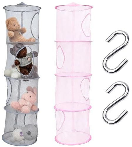 Kuscheltiere Aufbewahrung, 2 Stück Hängeaufbewahrung, Aufbewahrung Kuscheltiere, mit 2 Stück S-Haken, Kuscheltier Netz, Hängeregal, Hänge Organizer für Spielzeug, Kleine Kleidung(Grau, Rosa)
