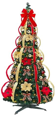 Árbol de Navidad plegable, 1,2 m/1,5 m, árbol de Navidad emergente con luz LED, árbol plegable, decorado con cinta y lazo, árbol de Navidad luminoso LED para decoración de vacaciones interiores (B-1,5