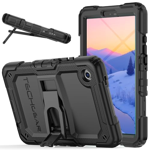 TECHGEAR ArmourShield robust fodral till Samsung Galaxy Tab A11 8,7 tum (SM-X133/SM-X135) - slitstarkt stötsäkert skyddshölje, inbyggt stativ och skärmskydd - skolvänligt, svart