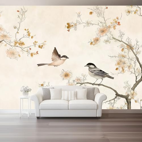 Papel tapiz fotográfico 350 x 256 cm Revestimiento de paredes decoración de salón Diseño Tinta China Pájaros para dormitorio, sala de estar, papel tapiz no tejido, decoración de pared, Beige Claro