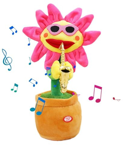 Plüsch Singende Tanzende Sonnenblume - 33cm Sprechende Sonnenblume | Interaktives Spielzeug , Sprechendes Stofftier mit Saxophon, Lustige Musik Bĺume mit 200 Liedern, Leuchtendes Geschenk für Kinder