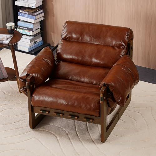 Sessel Wohnzimmer Retro, Gepolsterter Loungesessel mit Massivholzrahmen, Stilvoller Lesesessel mit Leder, Bequemer Lazy Einzelsofa für Wohnzimmer Schlafzimmer Balkon,Braun
