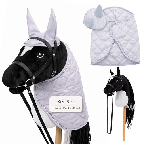 Hoofly Hobby Horse Set – Caballo grande para niños con manta y capucha | Juego completo de caballos Hobby Horsing con brida y varilla de tornillo de 35 cm | Caballo negro – Accesorios grises