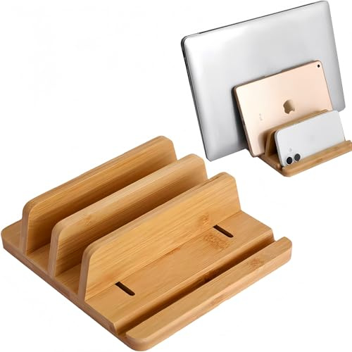Vertical Laptop Stand for Desk Dual Slot 1.4-2in Width Adjustable Dock | Bamboo Laptop Stand for 10-18.6Laptops&Phone