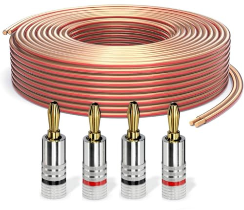 PureLink Câble haut-parleur avec fiches banane, câble audio OFC 2x2,50mm² (0,20mm), 10,0m, 4 fiches, cuivre pur pour enceintes HiFi et caisson de basses, repérage de polarité, transparent
