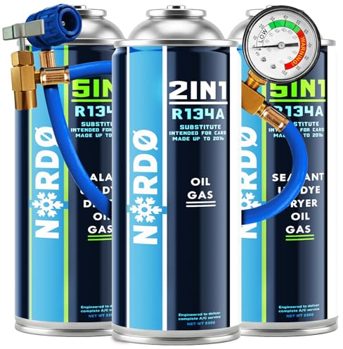 Nordo 5 en 1 – 2x gas R134a con aceite + 2x refrigerante R134a 5 en 1 XL 235 g cada caja, para aire acondicionado de coche con aceite, sellador de fugas, trazador UV y deshidratante + manguera