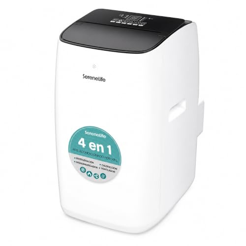 SereneLife Aire Acondicionado Portátil Inverter 12.000 BTU WiFi 4 en 1: Refrigeración, Calefacción, Deshumidificador y Ventilador, Silencioso 44–49 dB, Kit de Ventana, con Ruedas