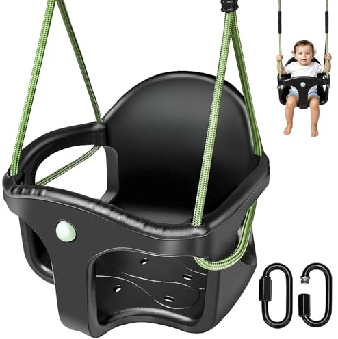 Yyiwhmy BabySchaukel,Schaukel Outdoor Hohe Rückenlehne Kunststoffvollschale | Schaukelsitz mit 1.3-2m verstellbarem Seil und 2 Karabinern, Mitwachsende Babyschaukel Outdoor Zubehör, Schwarz/90kg